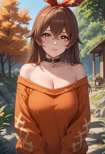 genshin impact,amber_(genshin_impact),orange,sweater,choker  - AI generated anime art