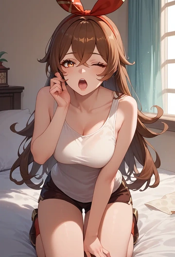 genshin impact,amber_(genshin_impact),tank top,drawstring pants  - AI generated anime art