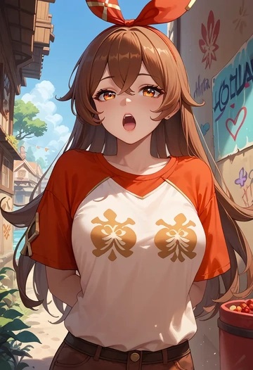 genshin impact,amber_(genshin_impact),oversized graffiti shirt,dolphin shorts  - AI generated anime art