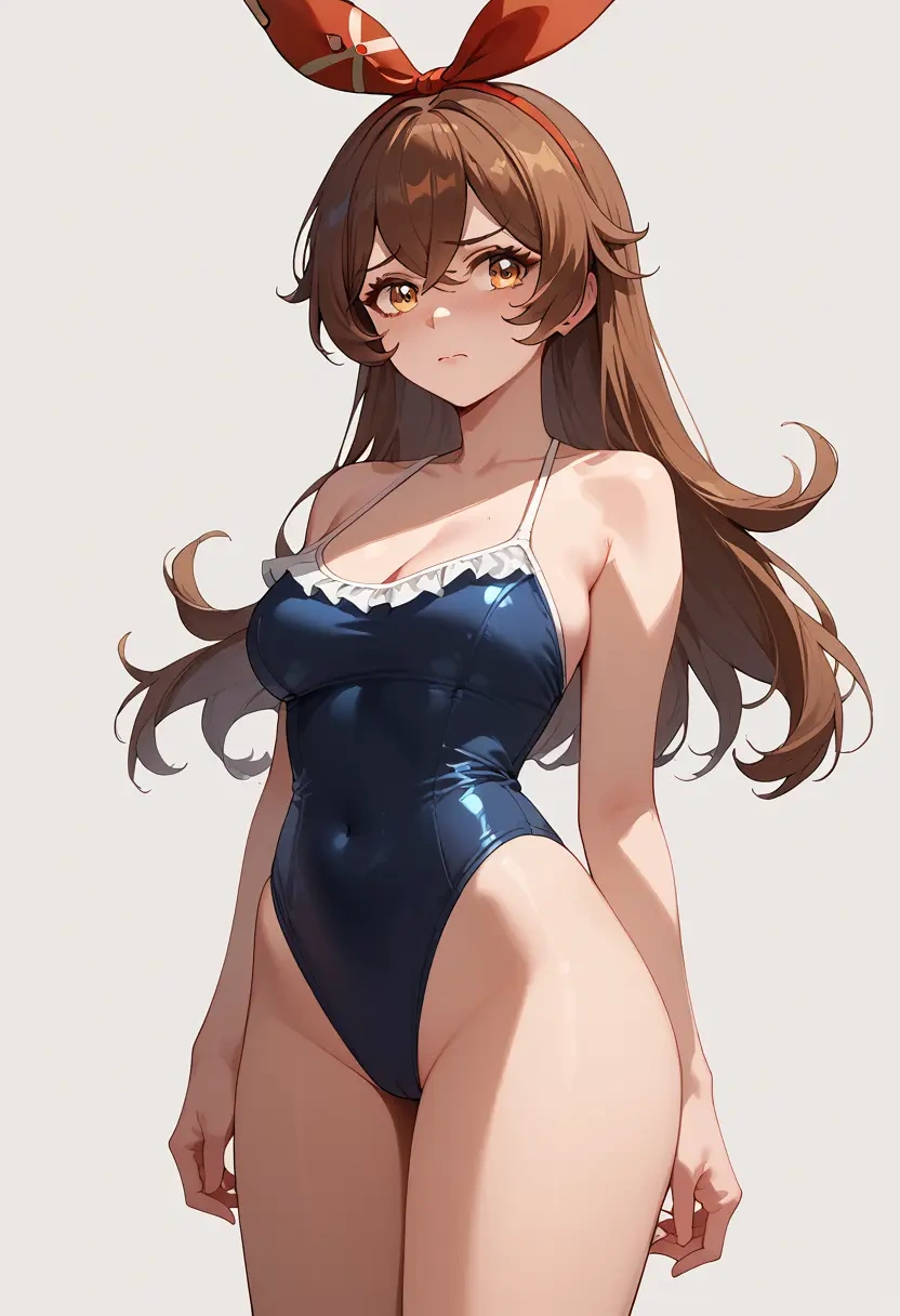 genshin impact,amber_(genshin_impact),retro style swimsuit,frilled neckline,bow detail  - 