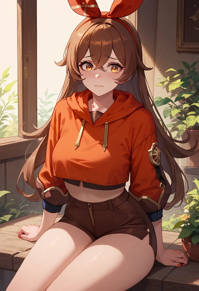 genshin impact,amber_(genshin_impact),crop hoodie,shorts  - 