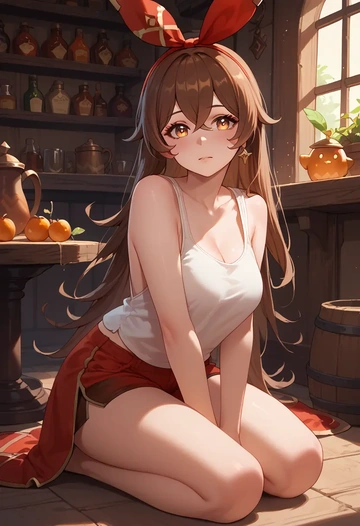 genshin impact,amber_(genshin_impact),tank top,drawstring pants  - AI generated anime art