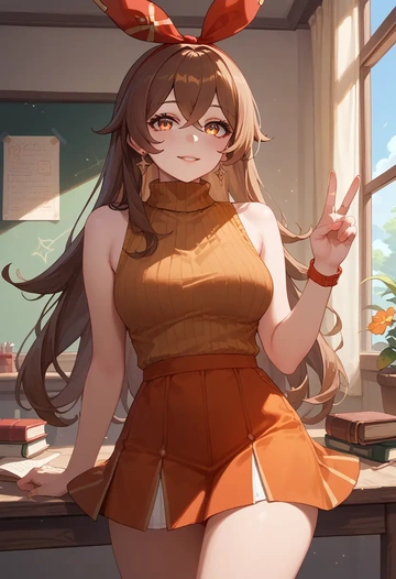 genshin impact,amber_(genshin_impact),turtleneck,knit,maxi skirt  - AI generated anime art