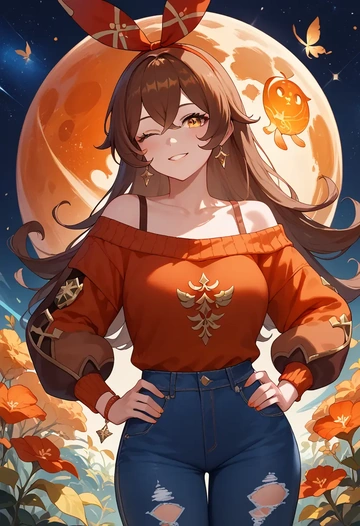 genshin impact,amber_(genshin_impact),sweater,off-shoulder,ripped jeans  - AI generated anime art