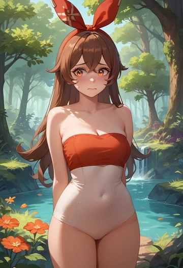 genshin impact,amber_(genshin_impact),tube top,jogger shorts  - AI generated anime art