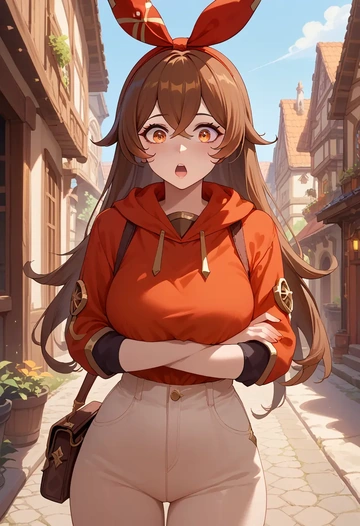 genshin impact,amber_(genshin_impact),mesh graffiti top,dolphin shorts  - AI generated anime art