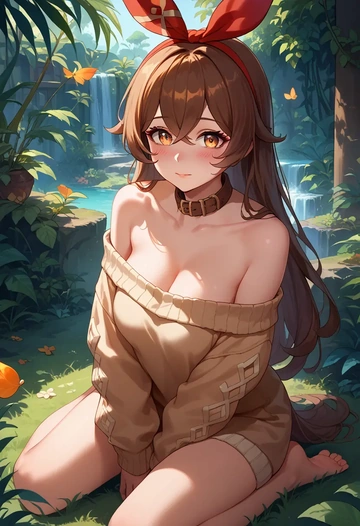 genshin impact,amber_(genshin_impact),sweater,off-shoulder,collar  - AI generated anime art