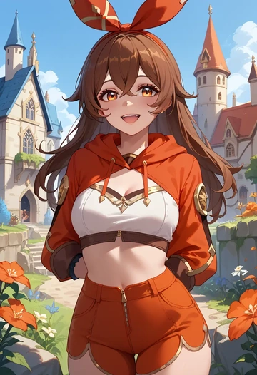 genshin impact,amber_(genshin_impact),crop hoodie,shorts  - AI generated anime art