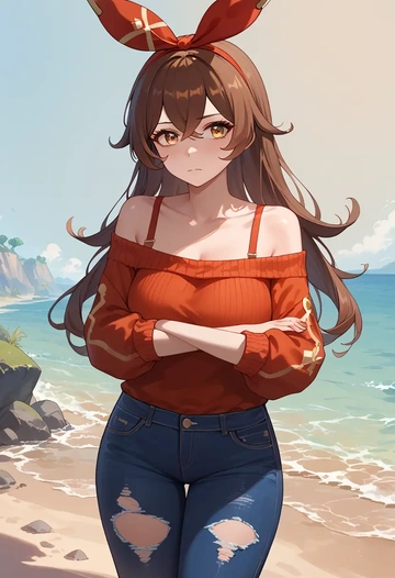 genshin impact,amber_(genshin_impact),sweater,off-shoulder,ripped jeans  - AI generated anime art