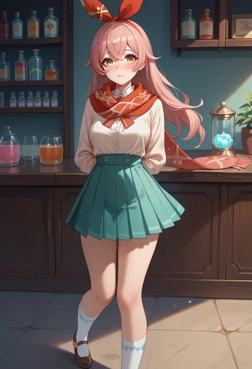 genshin impact,amber_(genshin_impact),spring,student uniform,light cardigan  - AI generated anime art