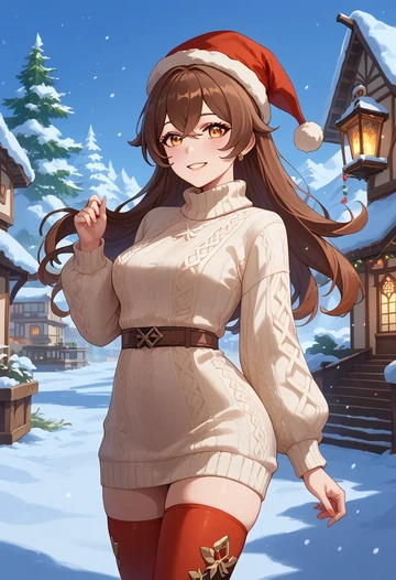 genshin impact,amber_(genshin_impact),Christmas,sweater dress,stockings  - AI generated anime art