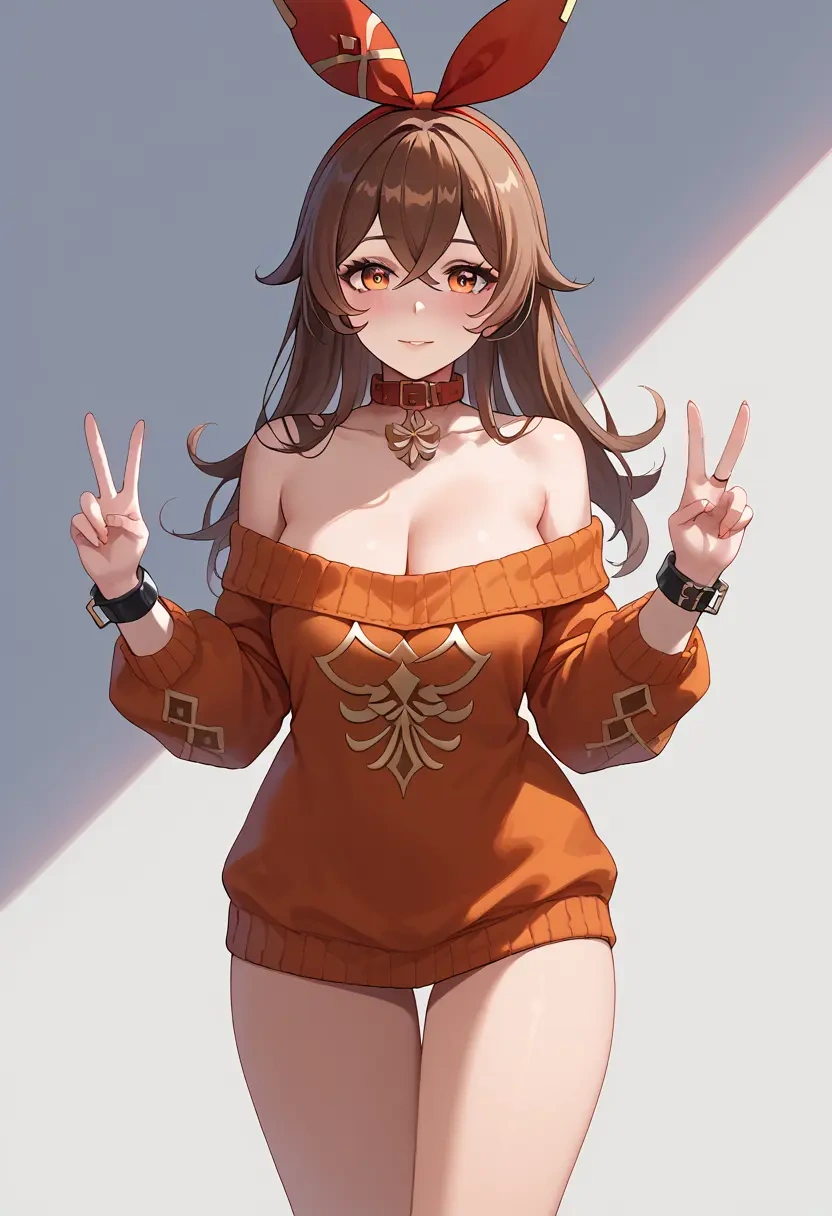 genshin impact,amber_(genshin_impact),blushing,collar,peace sign,off-shoulder,sweater  - 