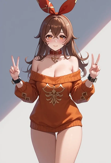 genshin impact,amber_(genshin_impact),blushing,collar,peace sign,off-shoulder,sweater  - AI generated anime art