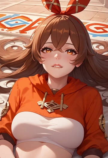 genshin impact,amber_(genshin_impact),cropped graffiti sweatshirt,dolphin shorts  - AI generated anime art