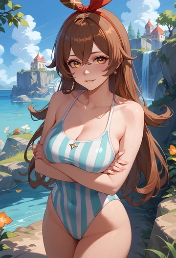 genshin impact,amber_(genshin_impact),racerback swimsuit,striped trim,name tag patch  - AI generated anime art