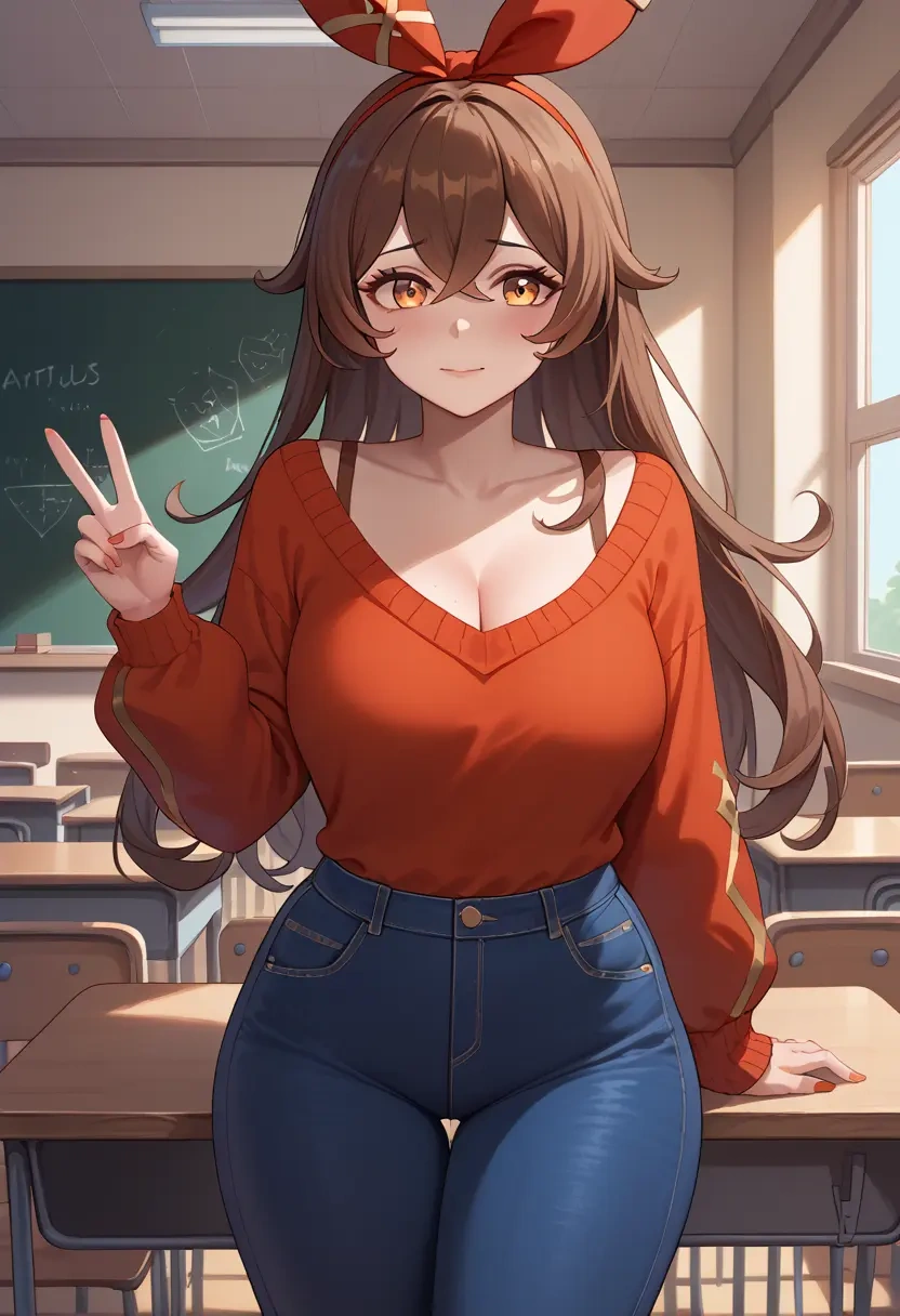 genshin impact,amber_(genshin_impact),teacher, sweater, jeans shorts  - 