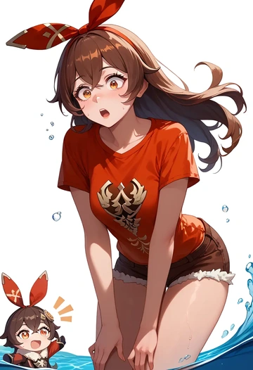 genshin impact,amber_(genshin_impact),pop art shirt,dolphin shorts  - AI generated anime art