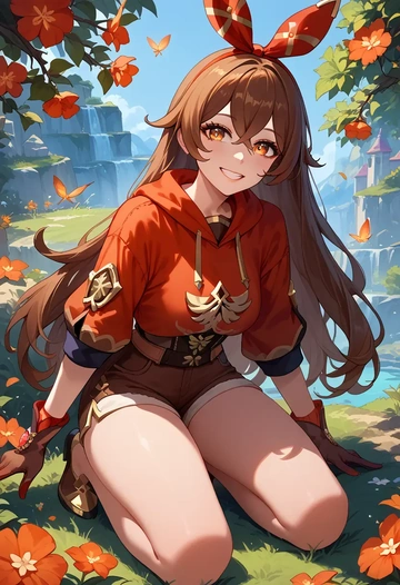 genshin impact,amber_(genshin_impact),graphic tee,shorts,sneakers  - AI generated anime art