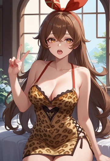 genshin impact,amber_(genshin_impact),leopard print,silk slip dress  - AI generated anime art