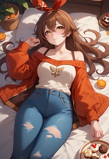 genshin impact,amber_(genshin_impact),sweater,off-shoulder,ripped jeans  - AI generated anime art