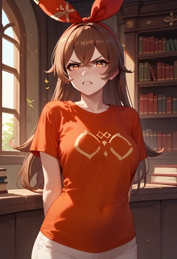 genshin impact,amber_(genshin_impact),crop graffiti tee,dolphin shorts  - AI generated anime art