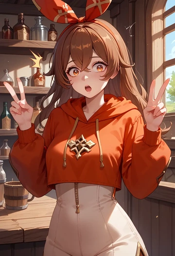 genshin impact,amber_(genshin_impact),crop hoodie,shorts  - AI generated anime art