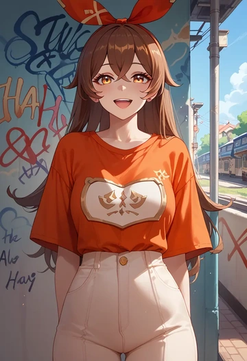 genshin impact,amber_(genshin_impact),oversized graffiti shirt,dolphin shorts  - AI generated anime art