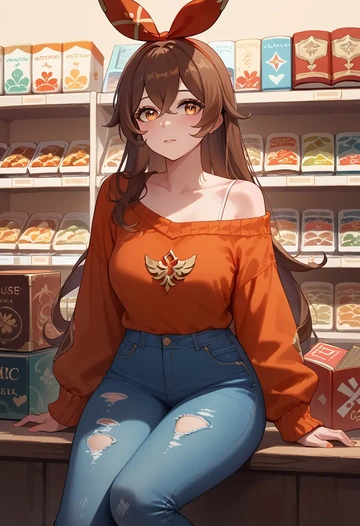 genshin impact,amber_(genshin_impact),sweater,off-shoulder,ripped jeans  - AI generated anime art