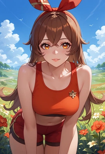 genshin impact,amber_(genshin_impact),sports bra,wide-leg joggers  - AI generated anime art