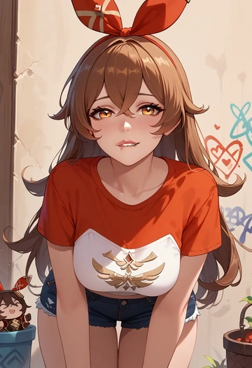 genshin impact,amber_(genshin_impact),crop graffiti tee,dolphin shorts  - AI generated anime art