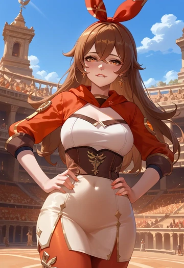 genshin impact,amber_(genshin_impact),bodysuit,mesh,high-waisted skirt  - AI generated anime art