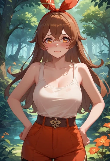 genshin impact,amber_(genshin_impact),tank top,drawstring pants  - AI generated anime art