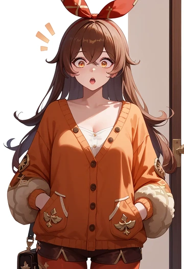 genshin impact,amber_(genshin_impact),cardigan,oversized,wide-leg pants  - AI generated anime art