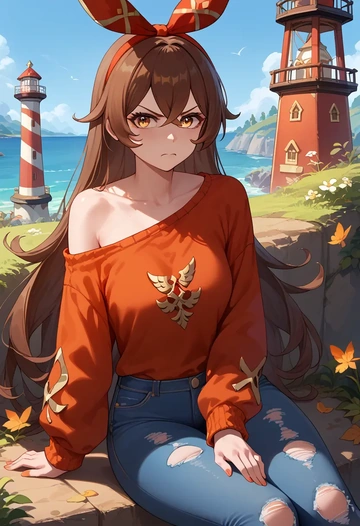 genshin impact,amber_(genshin_impact),sweater,off-shoulder,ripped jeans  - AI generated anime art