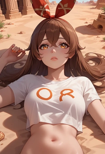 genshin impact,amber_(genshin_impact),crop graffiti tee,dolphin shorts  - AI generated anime art