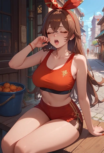 genshin impact,amber_(genshin_impact),sports bra,wide-leg joggers  - AI generated anime art