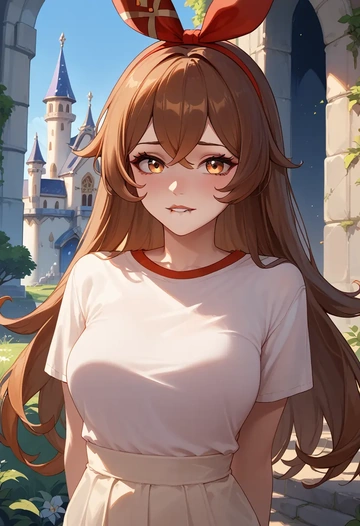 genshin impact,amber_(genshin_impact),calligraphy print shirt,dolphin shorts  - AI generated anime art