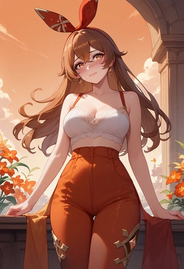 genshin impact,amber_(genshin_impact),pants,wide-leg,strappy top  - AI generated anime art