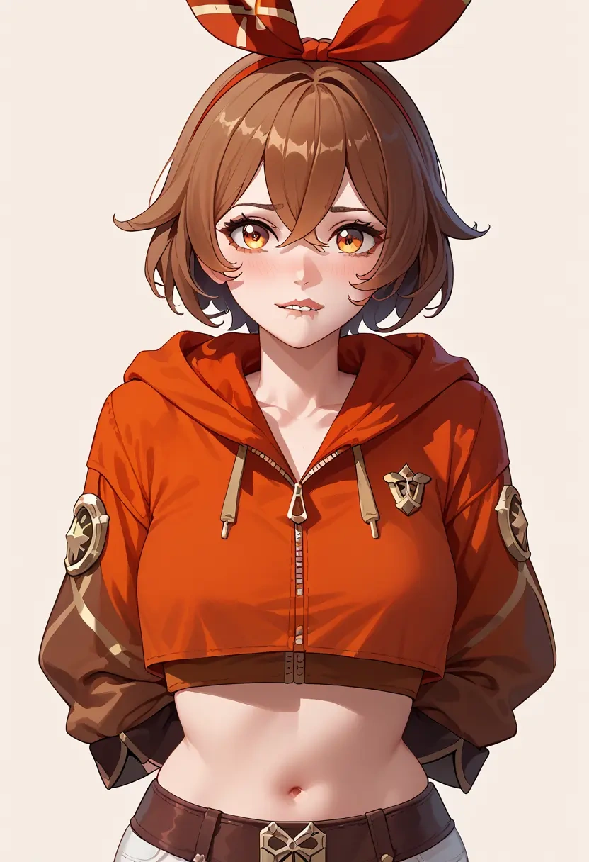 genshin impact,amber_(genshin_impact),crop hoodie,shorts  - 