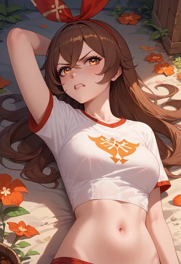 genshin impact,amber_(genshin_impact),crop graffiti tee,dolphin shorts  - AI generated anime art