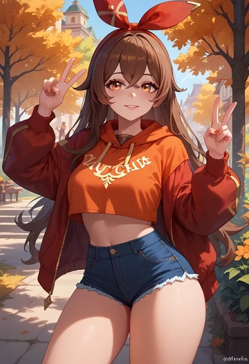 genshin impact,amber_(genshin_impact),crop top,athletic shorts  - AI generated anime art