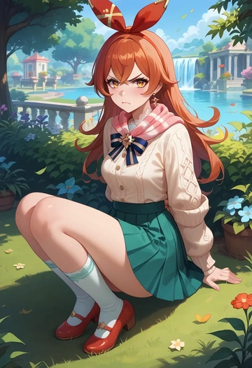 genshin impact,amber_(genshin_impact),spring,student uniform,light cardigan  - AI generated anime art