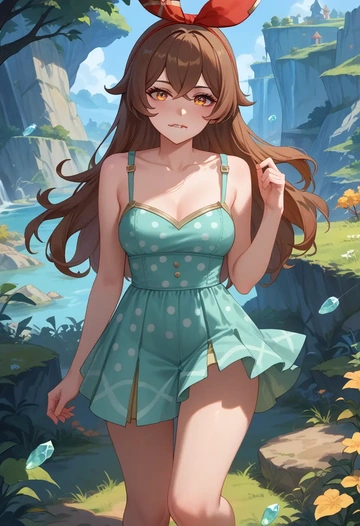 genshin impact,amber_(genshin_impact),silk slip dress,polka dots  - AI generated anime art