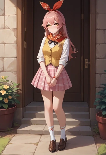 genshin impact,amber_(genshin_impact),spring,student uniform,vest  - AI generated anime art