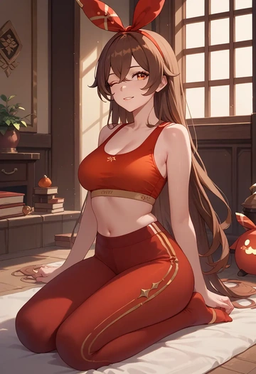 genshin impact,amber_(genshin_impact),sports bra,wide-leg joggers  - AI generated anime art