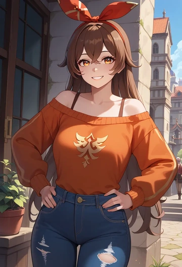 genshin impact,amber_(genshin_impact),sweater,off-shoulder,ripped jeans  - AI generated anime art