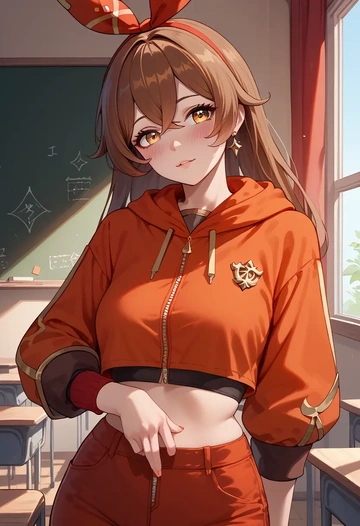 genshin impact,amber_(genshin_impact),crop hoodie,shorts  - AI generated anime art