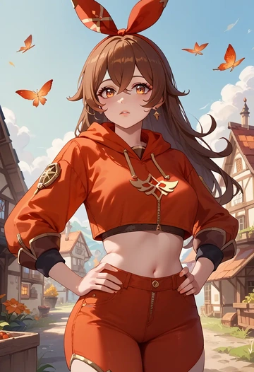 genshin impact,amber_(genshin_impact),crop hoodie,shorts  - AI generated anime art