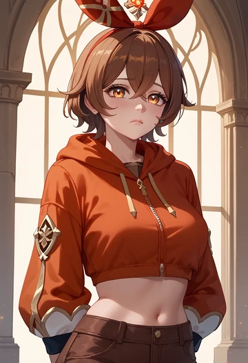 genshin impact,amber_(genshin_impact),crop hoodie,shorts  - AI generated anime art