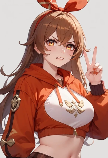 genshin impact,amber_(genshin_impact),crop hoodie,shorts  - AI generated anime art